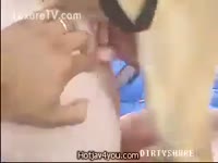 A Dog fucks a teen and Man helps the dog to fuck